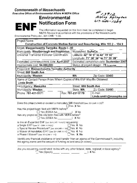 Fillable Online Environmental Notification Form Boston Fax Email