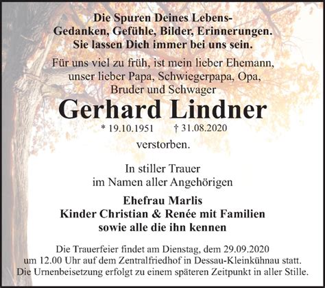 Traueranzeigen Von Gerhard Lindner Abschied Nehmen De