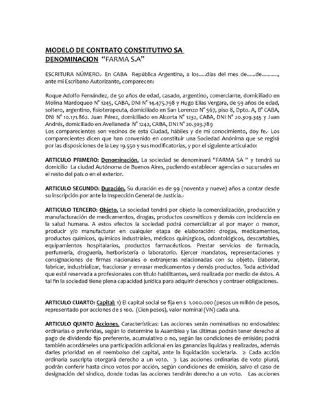 Sociedades Modelo DE Contrato DE UNA Sociedad Anónima MODELO DE