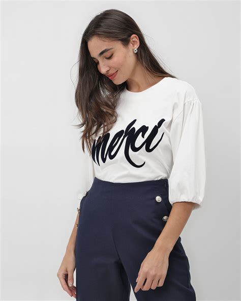 Riachuelo Camiseta Feminina Mangas El Stico Merci Branca Ak