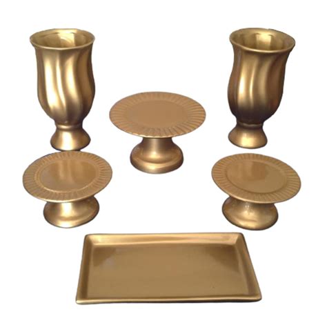 Kit 6 Pçs Dourado Cerâmica Vaso Boleira Bandeja Festa Decor