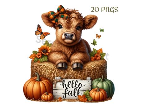 Watercolor Autumn Highland Cow Clipart Bundle, 20 PNG, Baby Animal, Pumpkins, Leaves, Apples ...