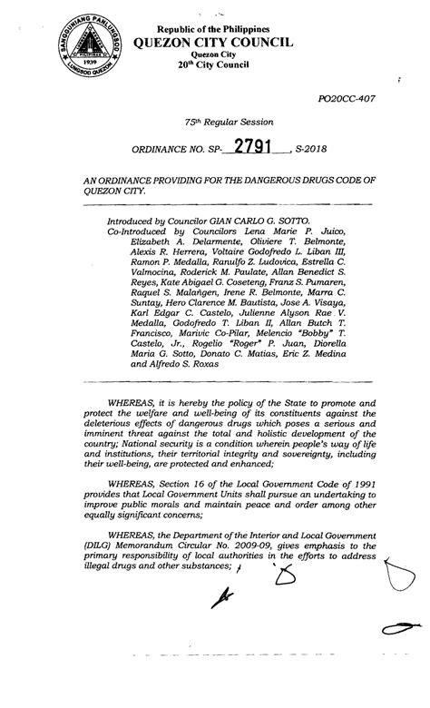 SP 2791 S 2018 Ordinance Providing For QC Dangerous Drugs Code