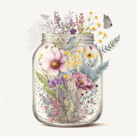 Premium Ai Image There Is A Jar With Flowers And A Butterfly In It Generative Ai