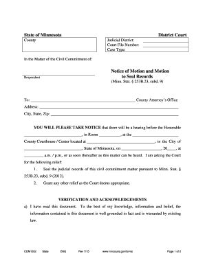 Fillable Online Mncourts Notice Of Motion And Motion To Seal Records