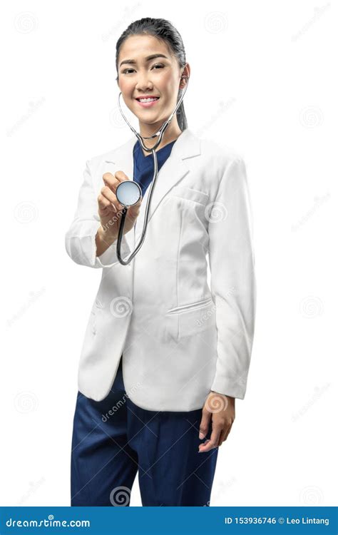 Asian Woman Doctor In A White Lab Coat Using Stethoscope Stock Photo