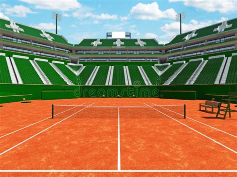 Beautiful Modern Tennis Clay Court Stadium With Green Seats Stock