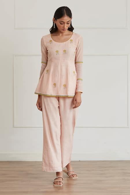 Buy Pink Peplum Top Silk Chanderi Embroidered Floral Round And Pant