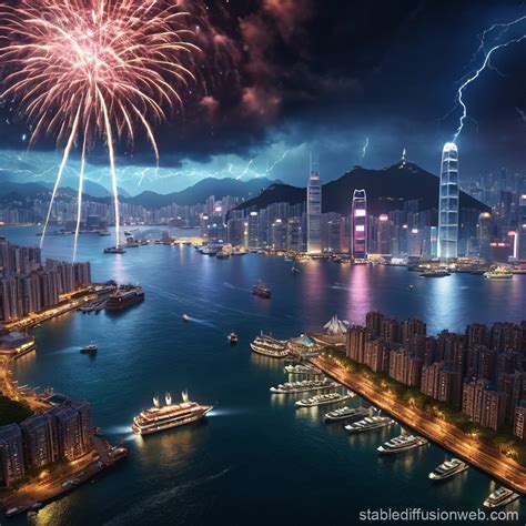 Fireworks Over Hong Kong Cityscape Stable Diffusion Online