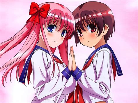 Blue Eyes Blush Brown Hair Haramura Nodoka Miyanaga Saki Pink Hair Red Eyes Ribbons Saki School