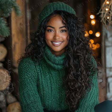 warm  cozy winter portrait  beautiful brown woman  evergreen