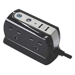 Masterplug 13A 4-Gang Unswitched Surge-Protected Extension Lead + 2.1A 2-Outlet Type A USB ...