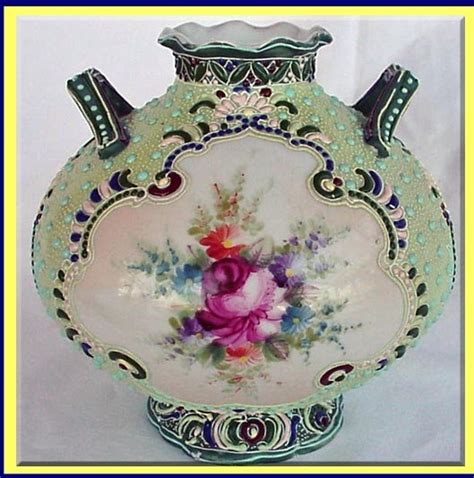 NIPPON MORIAGE HP FLOWERS JEWELED ENAMEL VASE For Sale Antiques