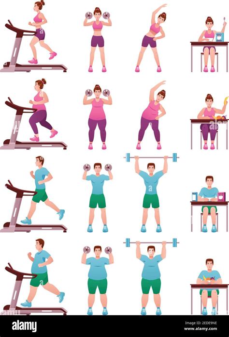 Isolated Fat Slim Fitness People Icon Set With Women And Men In Gym On