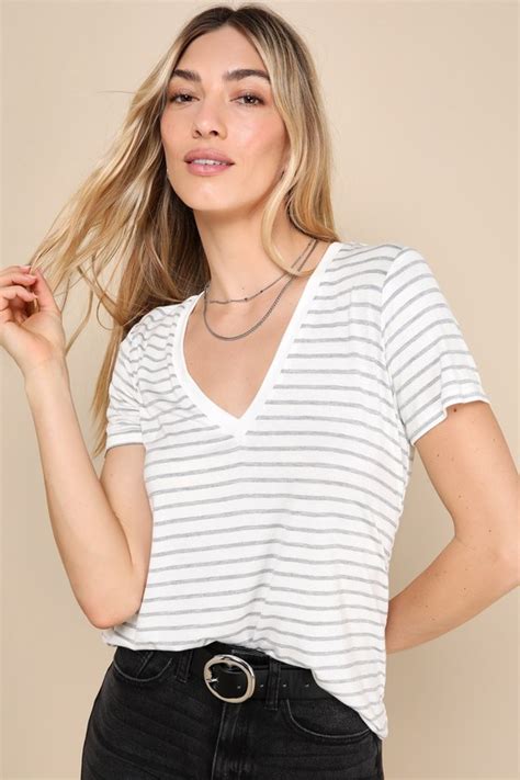 Ivory Striped Tee Short Sleeve Tee V Neck Tee Relaxed Tee Lulus