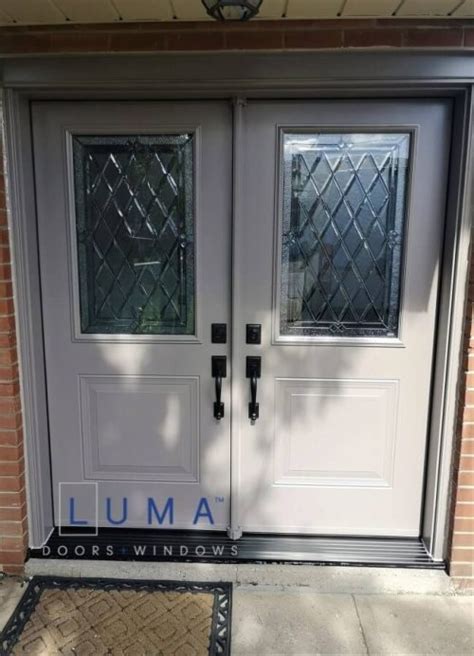 Grey Steel Double Door With Decorative Glass ☑️ Steel Door