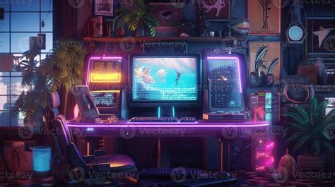 generativo ai, computadora en el mesa en cyberpunk estilo, nostálgico