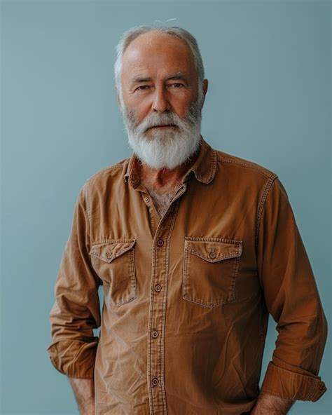 Elderly Man With White Beard Wearing Brown Shirt Against Light Blue