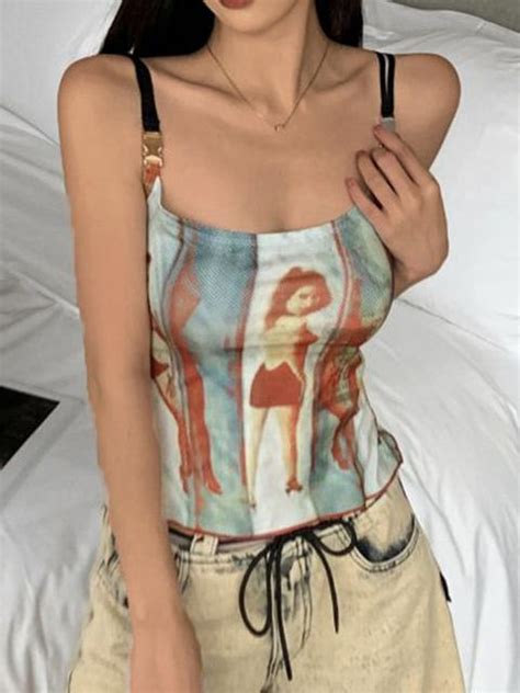 Emmiol Free Shipping 2023 Vintage Print Slanted Shoulder Slim Tank Top Black S In Tank Tops