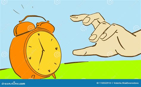 Cartoon Hand Reaches for a Ringing Alarm Clock To Turn it Off Stock ...