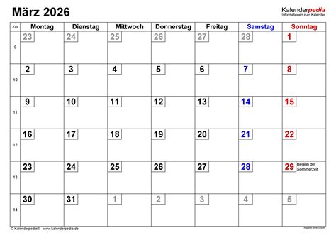 Kalender März 2026 als Excel Vorlagen