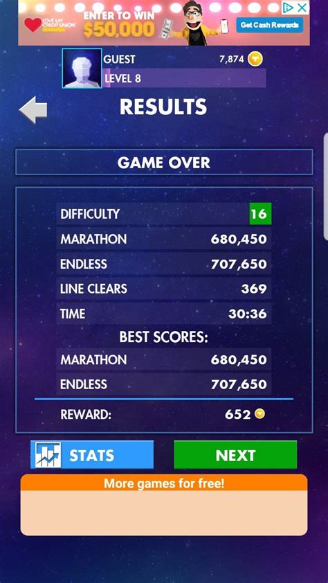 First completion of tetris marathon on mobile, and PB! 700k! : r/Tetris