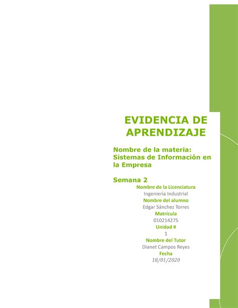 Evidencias Semana Dos Ejercicio Evidencia De Aprendizaje Nombre De