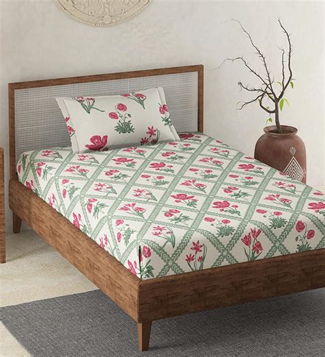 Buy Cream Floral 120 Tc 100 Cotton Single Bed Sized Bed Sheets With 1