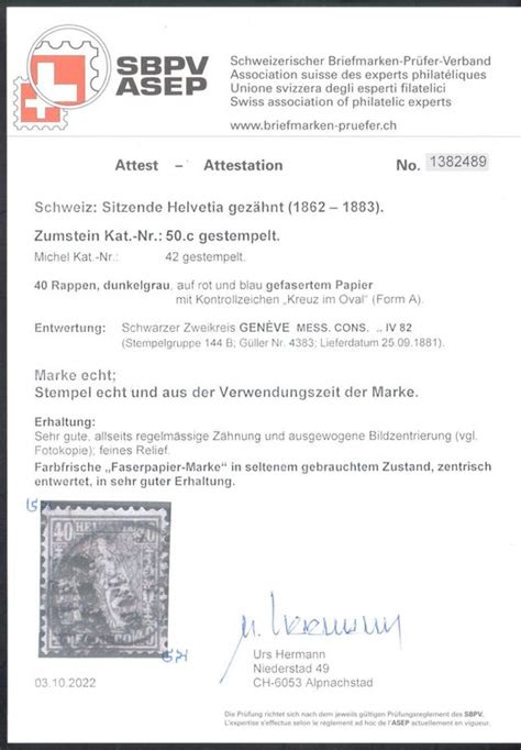 Sitzende Helvetia 40 Rp Faserpapier Siehe Attest Hermann Kaufen Auf