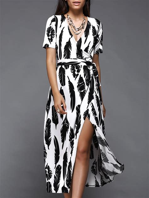 Stylish Women S Feather Print Wrap Dress With Images Printed Wrap Dresses Casual Dresses