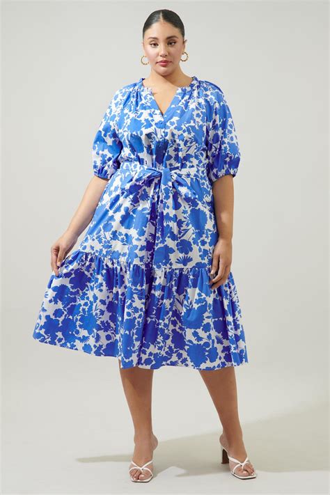 Sugarlips Marinelle Floral Wynette Tiered Midi Dress Curve In Blue Lyst