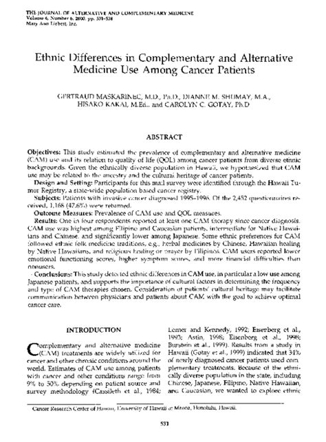 Pdf Ethnic Differences In Complementary And Alternative Medicine Use Among Cancer Patients