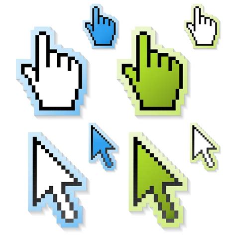 Pixel Cursors Black Clean Shiny Icons Hand And Arrow Stock Vector