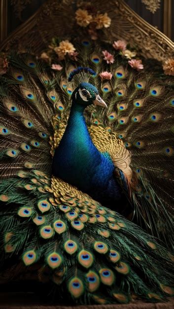 Premium Photo A Peacock With Its Feathers Spread Out And A Flower Arrangement In The Background