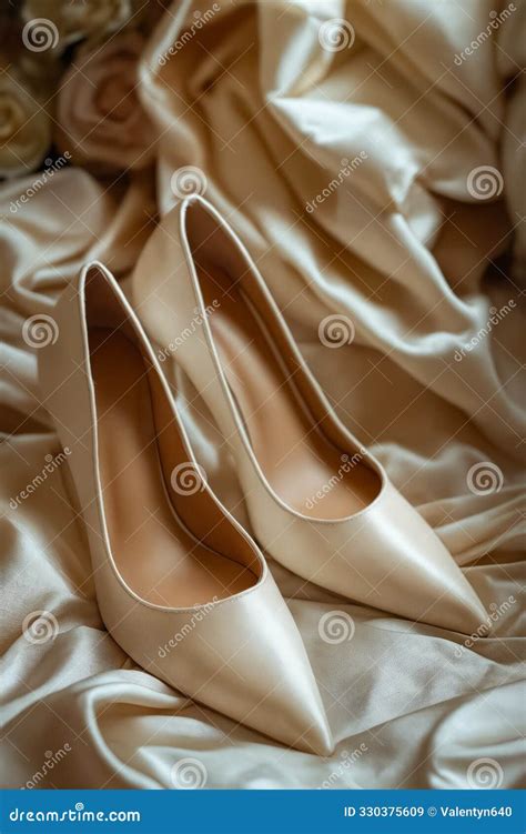 A Pair Of Nude Colored Wedding Shoes On A White Satin Background Generative AI Stock Image