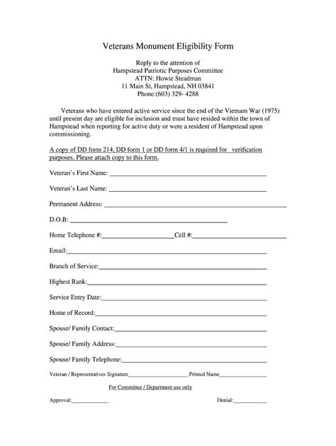 Fillable Online Hampsteadnh Veterans Monument Eligibility Form