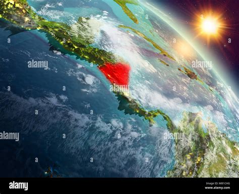 Sunrise Above Nicaragua Highlighted In Red On Model Of Planet Earth In