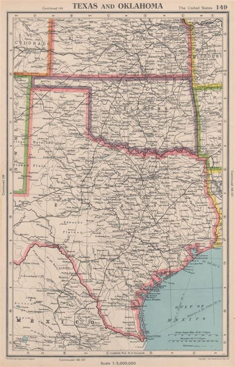 TEXAS AND OKLAHOMA USA State Map BARTHOLOMEW 1944 Old Vintage Plan Chart