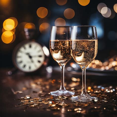 Premium Ai Image Champagne Glasses And Clock At Twelve Against Holiday Lights New Year S Eve