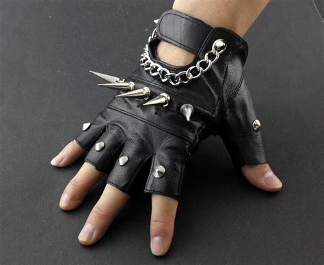 Mens Rivet Spike Punk Rock Driving Motorcycle Biker Leather Fingerless ...