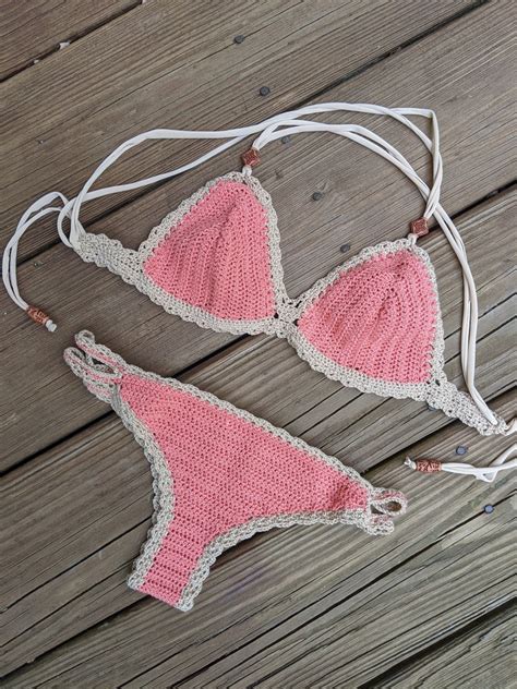 Pink Crochet Bikini Set Cotton Crochet Swimsuit Boho Crochet Bathing