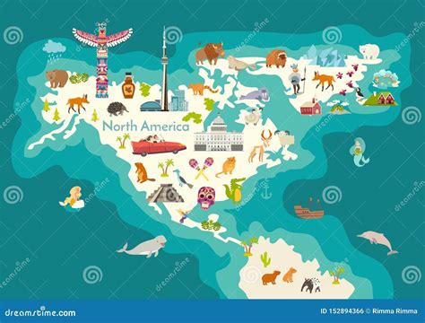 Animals World Map, North America with Landmarks Stock Vector - Illustration of cartoon, child ...