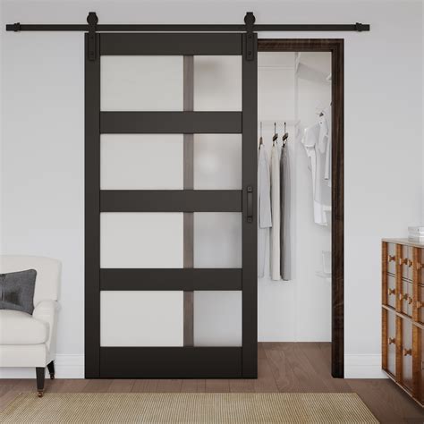HOZONE Glass and Manufactured Wood Black Sliding Barn Door with
