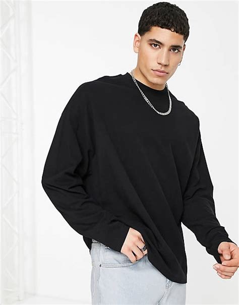 Asos Design Long Sleeve Oversized Pique T Shirt In Black Asos