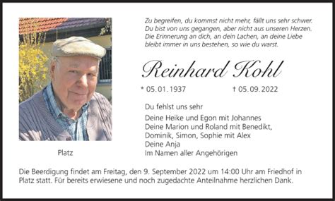 Reinhard Kohl Traueranzeige Trauer Infranken De