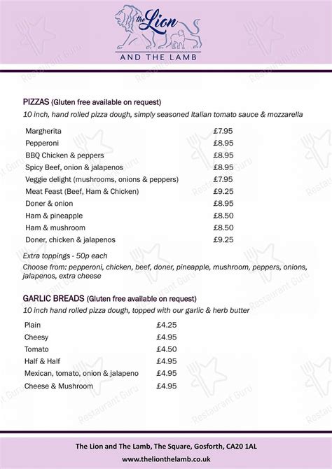 Menu at The Lion and the Lamb pub & bar, Seascale