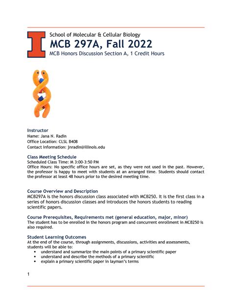 MCB297A Fall 2022 Syllabus School Of Molecular Cellular Biology MCB