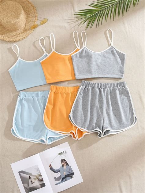 3 Sets Contrast Binding Cami Top Shorts Set Cute Casual Outfits