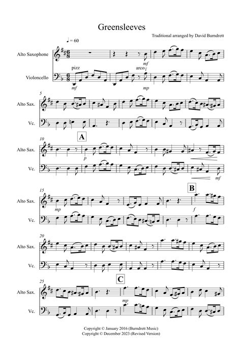 Greensleeves For Alto Saxophone And Cello Duet Arr David Burndrett