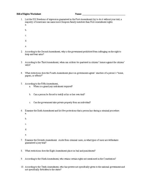 Bill Of Rights Study Packet Bill Of Rights Worksheet Name